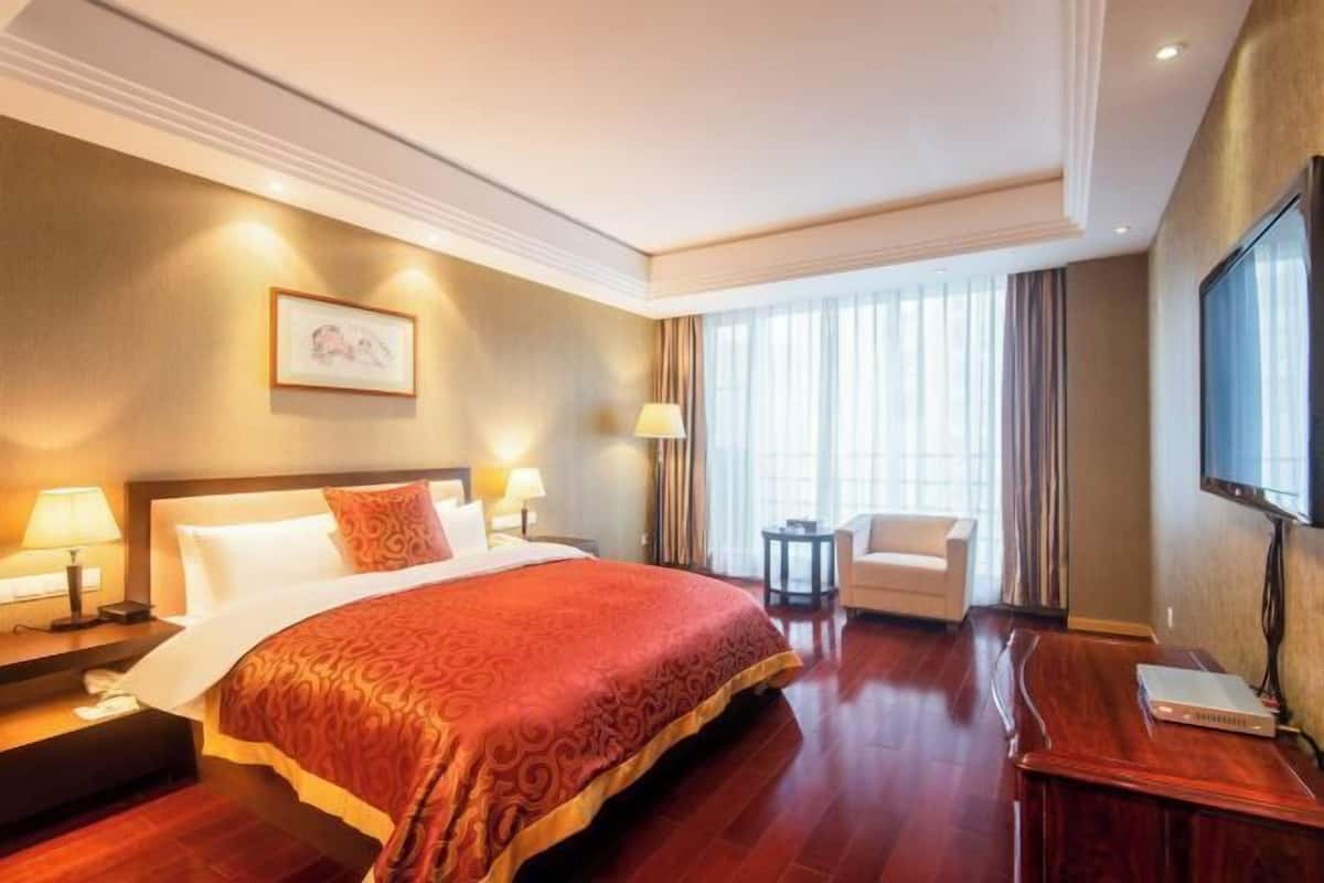 A hotel room with a large bed, bedside tables, a chair, a TV, and a window with curtains.
