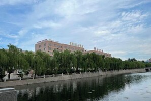 A building with multiple floors and a row of trees in front.