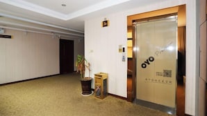En hotellobby med et tæppe, en stueplante, et lille træskab og en elevator med skiltet 'Oyo Premier'.