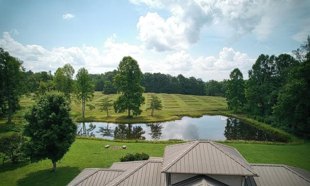 A view of a property with a pond, trees, and a grassy field.