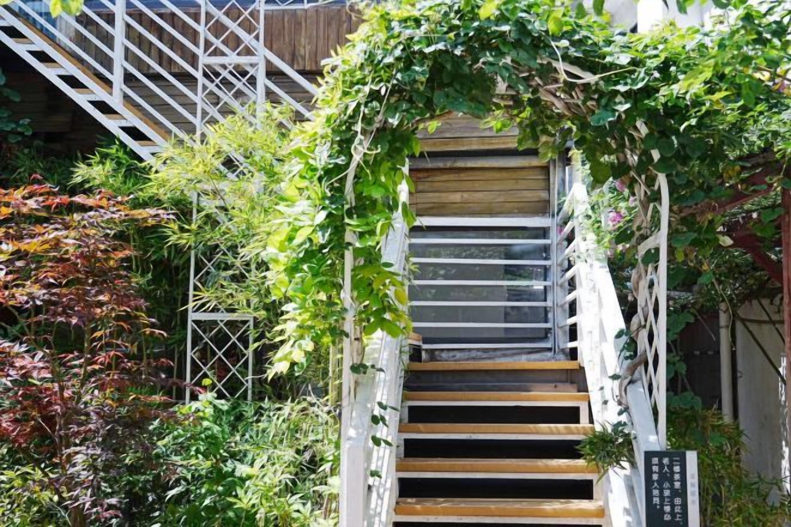 A wooden staircase with a white railing, surrounded by greenery and plants.