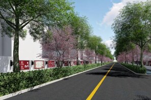 Eine von Bäumen gesäumte Straße mit freier Fahrbahn und Hinweisschildern auf der linken Seite.