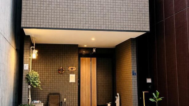 Un bagno moderno con una parete rivestita in piastrelle, una porta in legno e un portascopevoli.