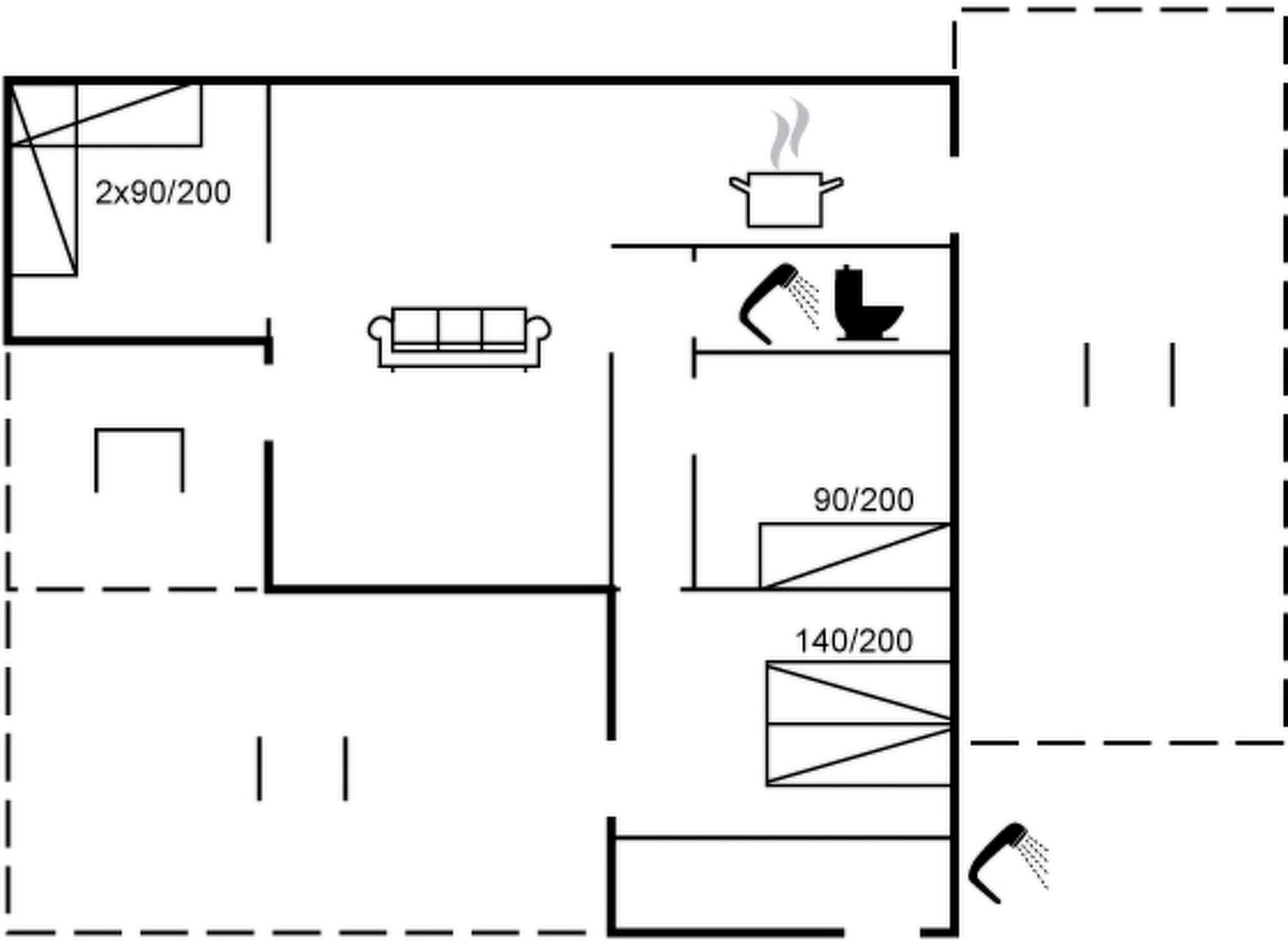 Un plan d’étage comprenant une cuisine, une salle de bain et un espace de vie.