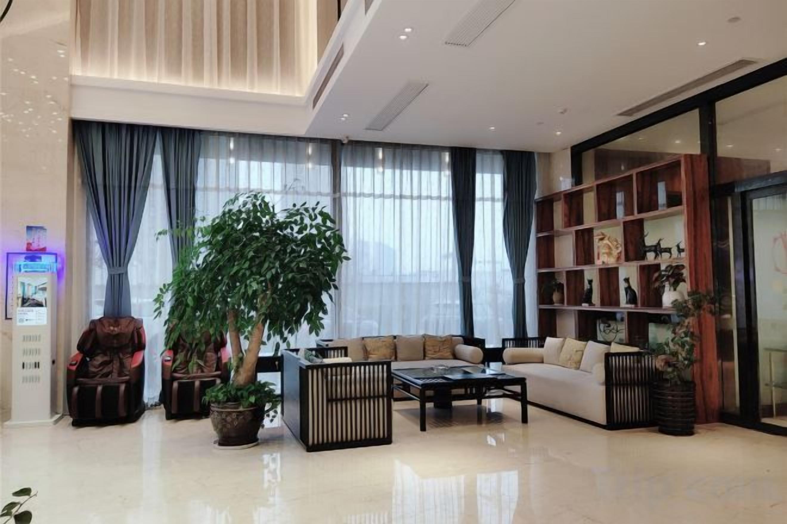 A modern living room with a sofa, coffee table, and a large potted plant.
