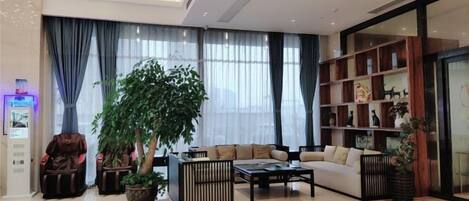 A modern living room with a sofa, coffee table, and a large potted plant.