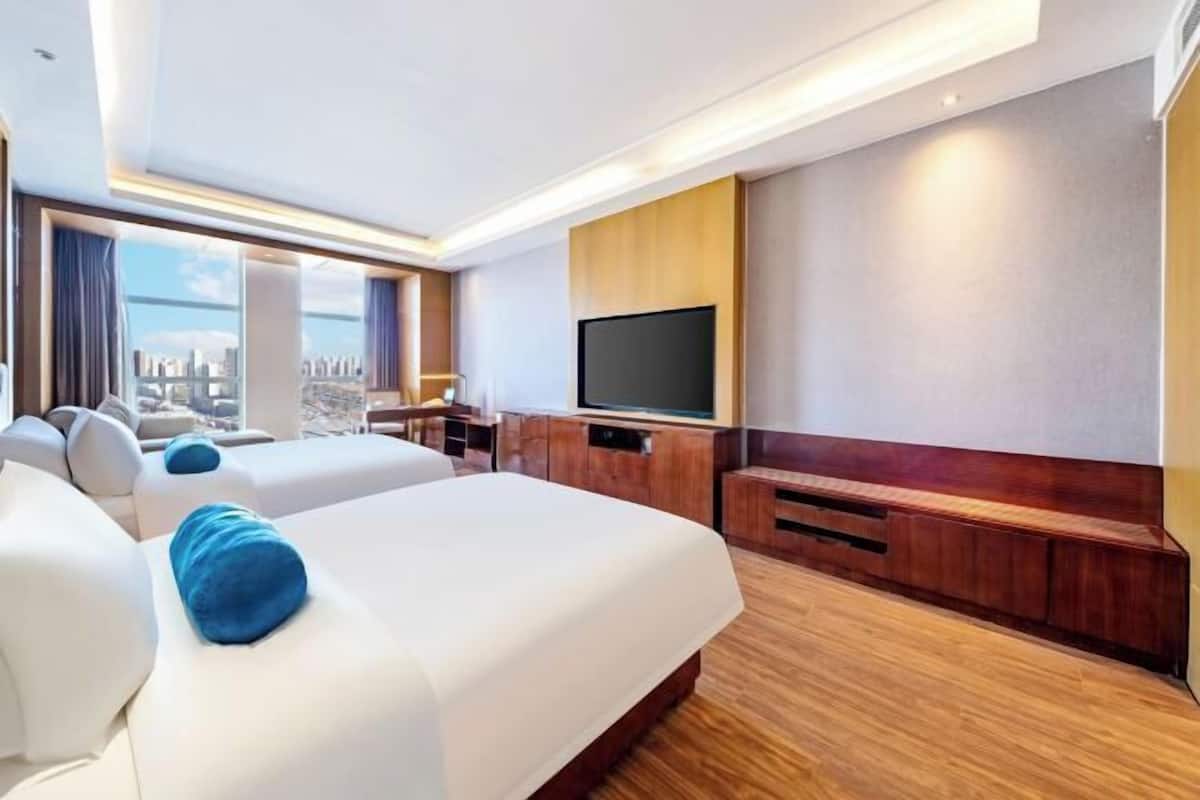 Ein modernes Hotelzimmer mit zwei Betten, einem Fernseher und Blick auf die Stadt.