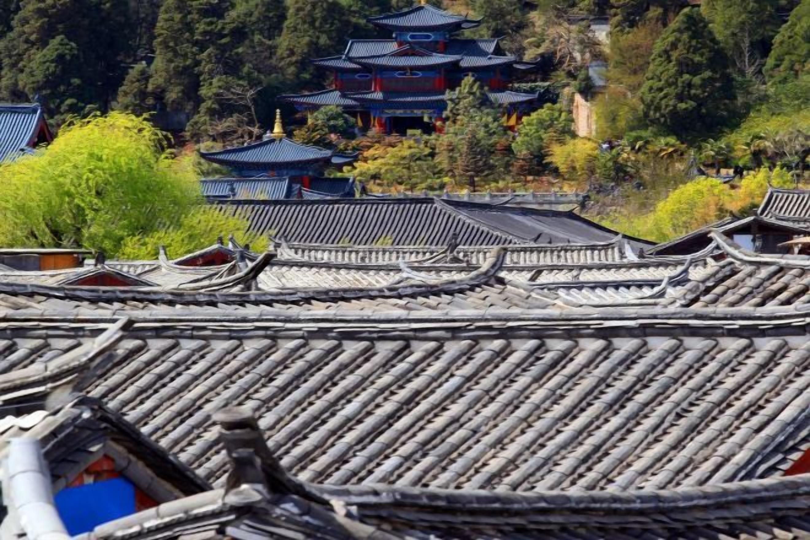 Traditional tiled roofs and a multi-tiered building structure, likely a temple or historical site.