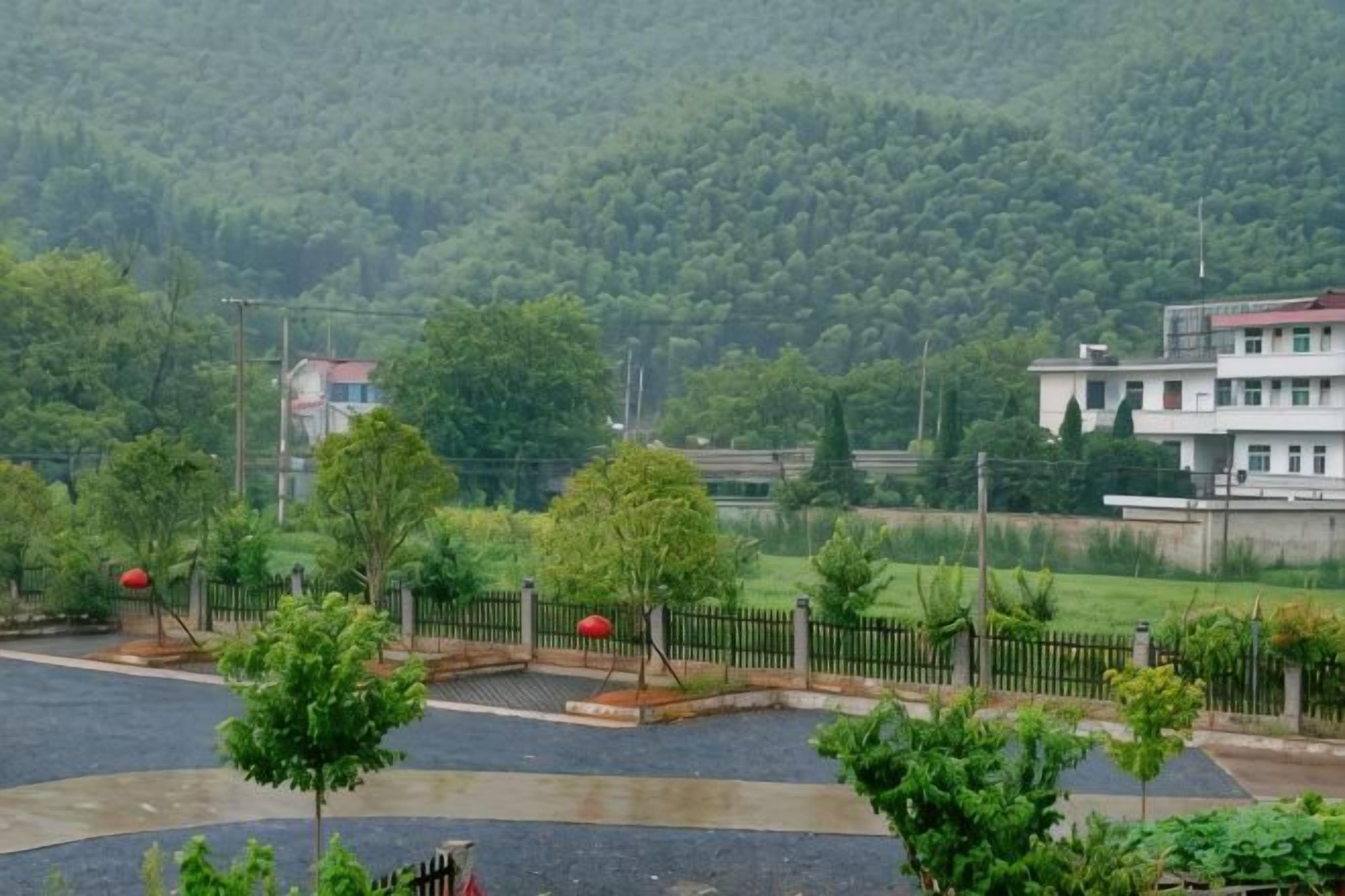 A residential area with a paved driveway, a fenced garden, and a backdrop of a hilly landscape.
