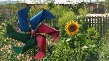 A garden with a pinwheel and a sunflower.