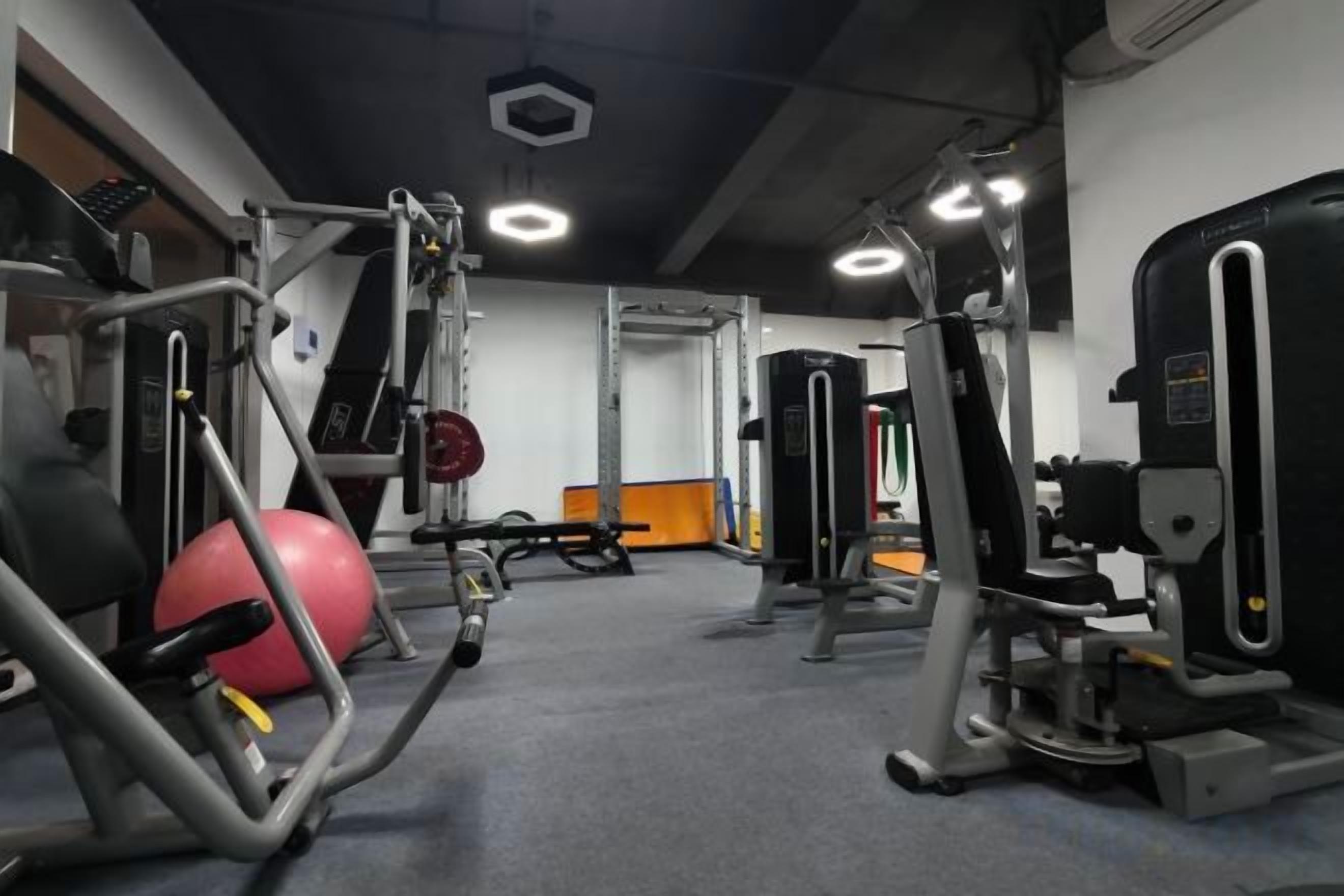 A gym with various exercise equipment, including a squat rack, a bench press, and a medicine ball.