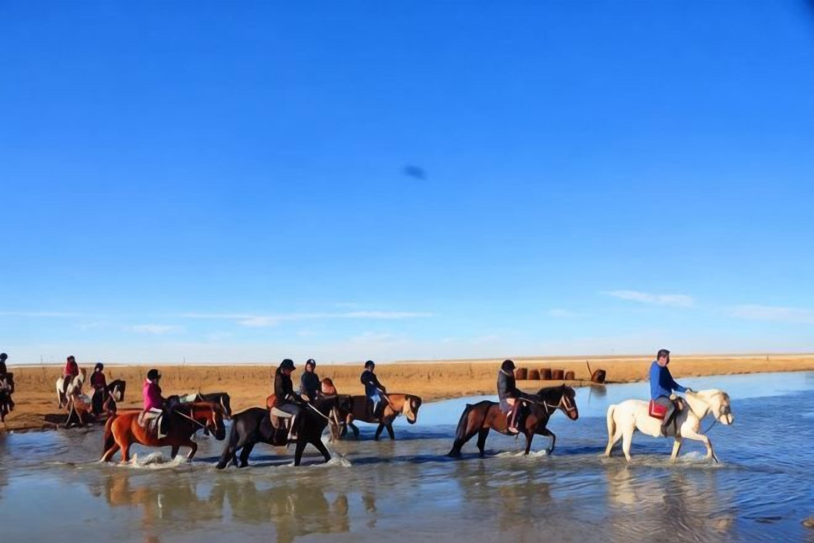 Un groupe de personnes à cheval sur une plage.