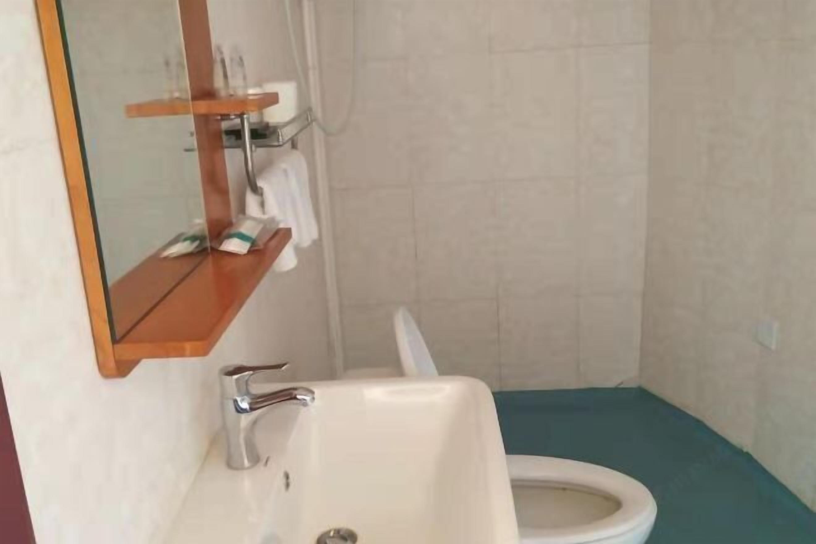 A bathroom with a white sink, a mirror, and a toilet.