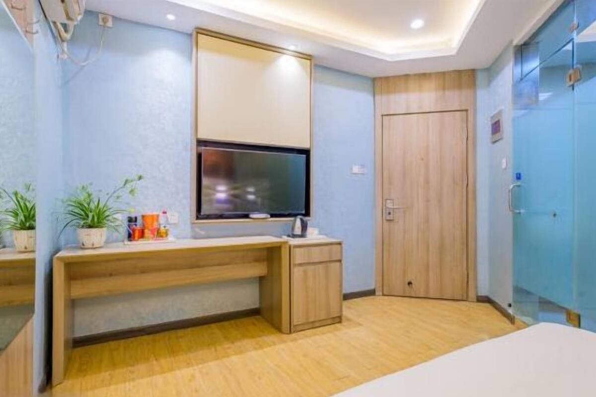 A hotel room with a wooden desk, a flat-screen TV, a mirror, a wardrobe, and a small plant on the desk.