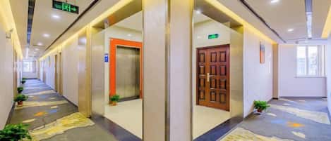 A hotel corridor with a carpeted floor, doors, and potted plants.