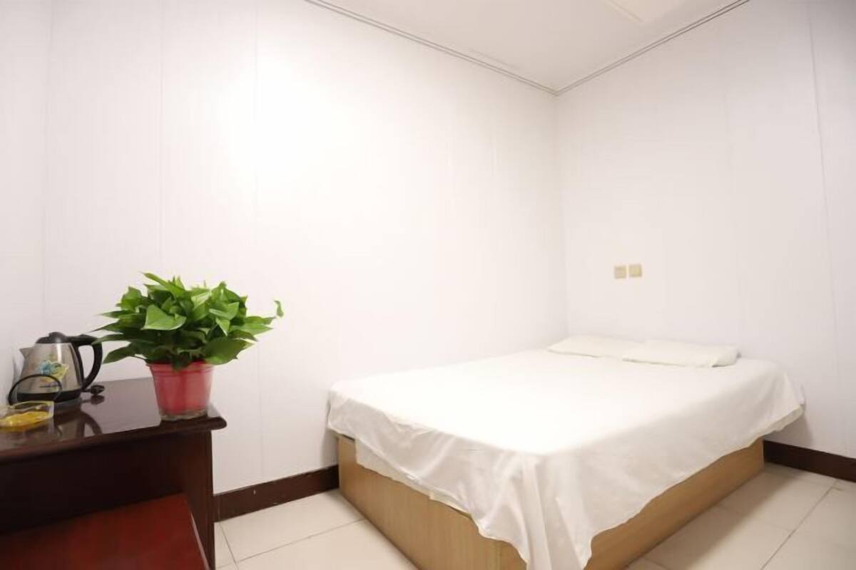 Een kleine, schone kamer met een enkel bed, een tafeltje met een plant en een waterkoker.