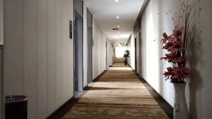 Un long couloir étroit, orné d’un tapis à motifs, avec une poubelle et un vase de fleurs sur le côté droit.