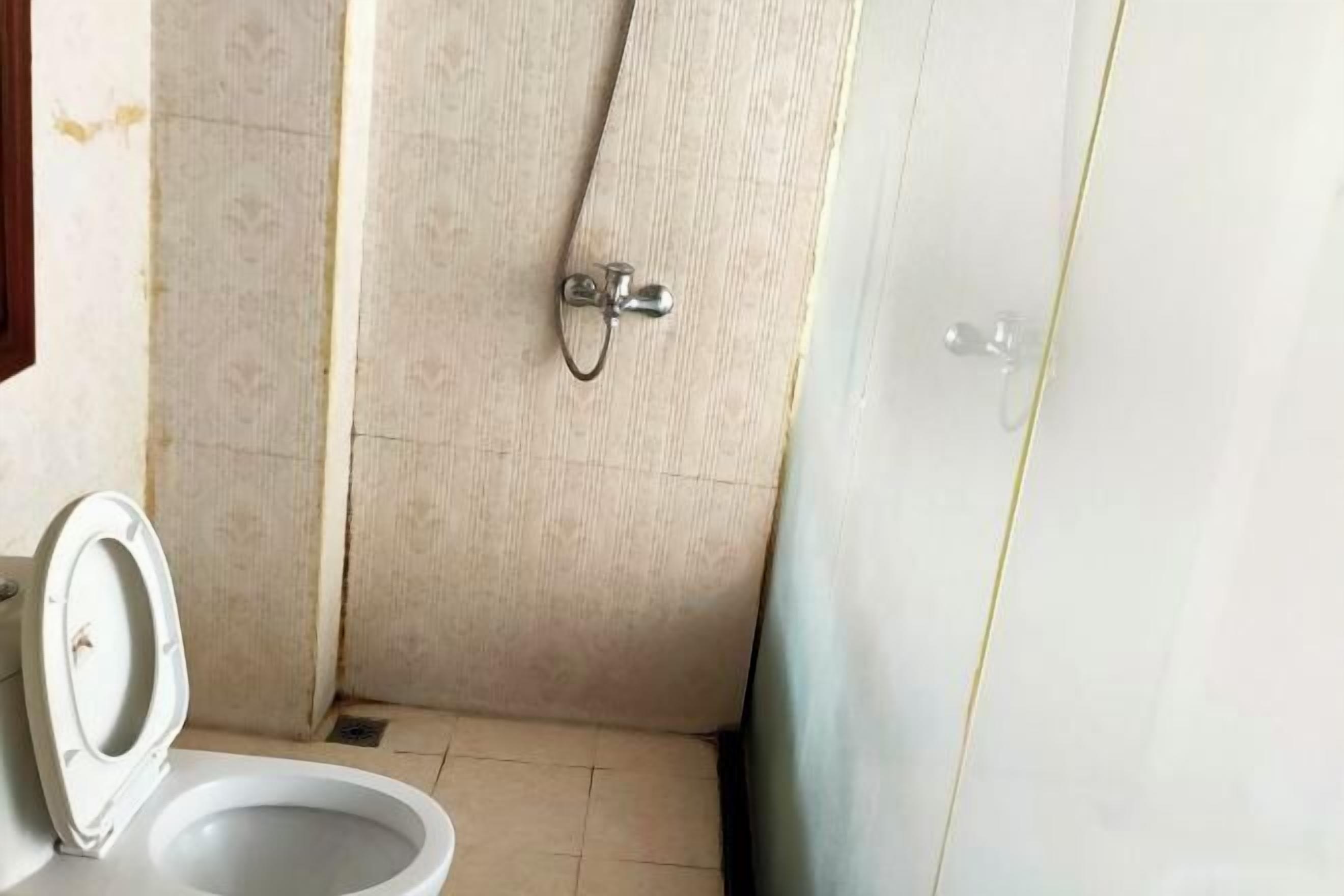 Une petite salle de bain compacte, équipée de toilettes, d’une douche et d’un lavabo.