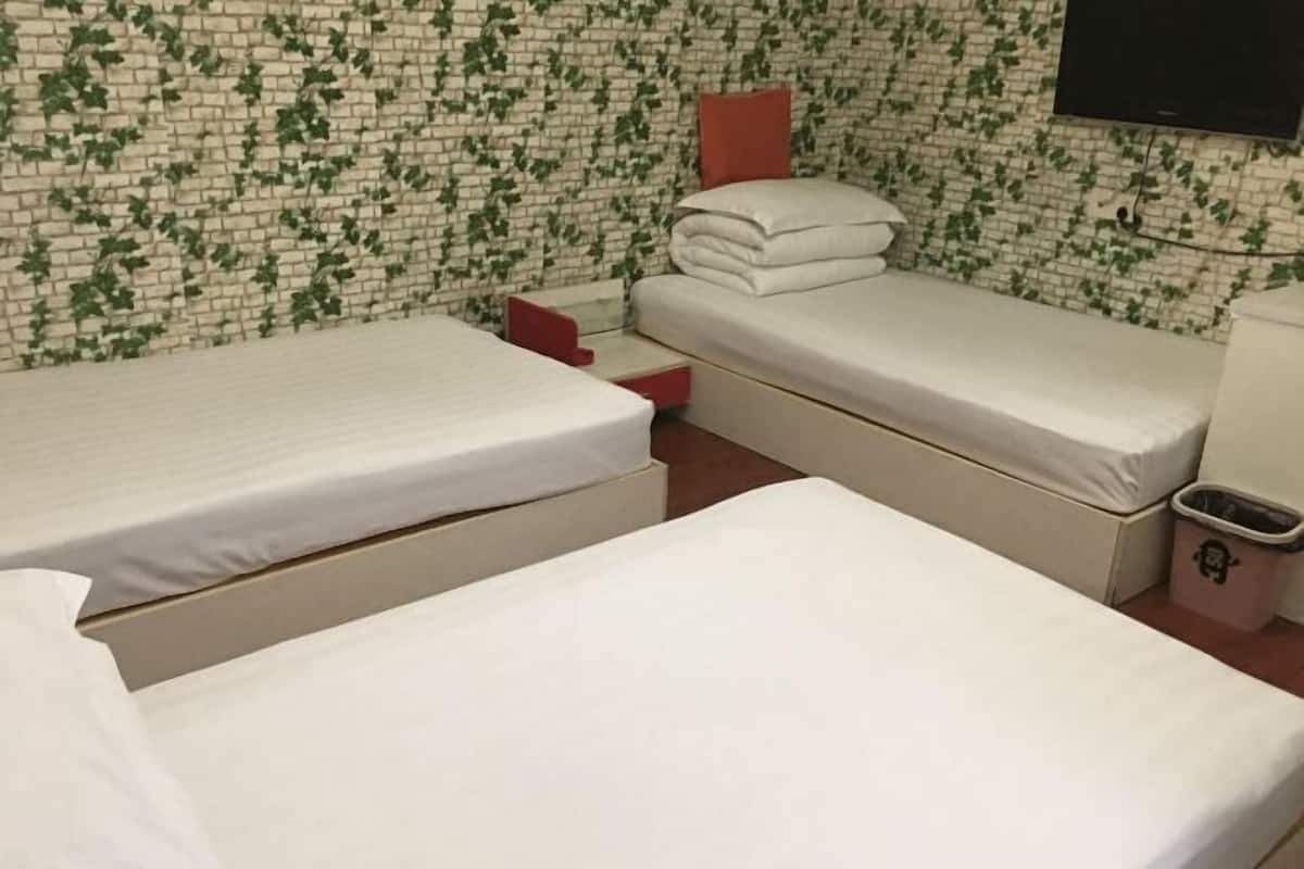 Una habitación con dos camas, un televisor y un basurero.