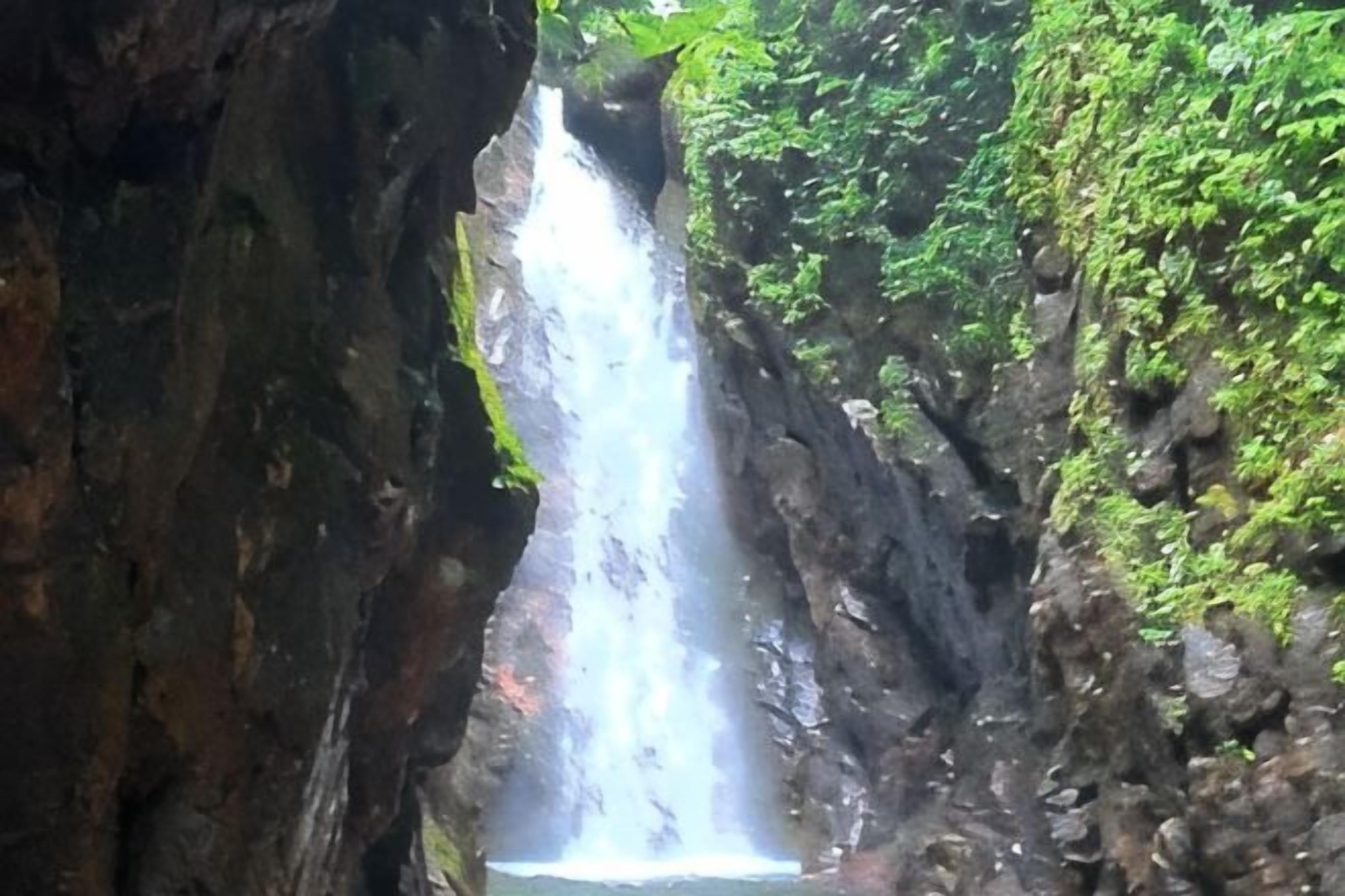 A waterfall cascading down a rocky cliff surrounded by greenery.