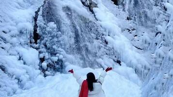 A person in a white coat with a red scarf standing in a snowy landscape with a waterfall.