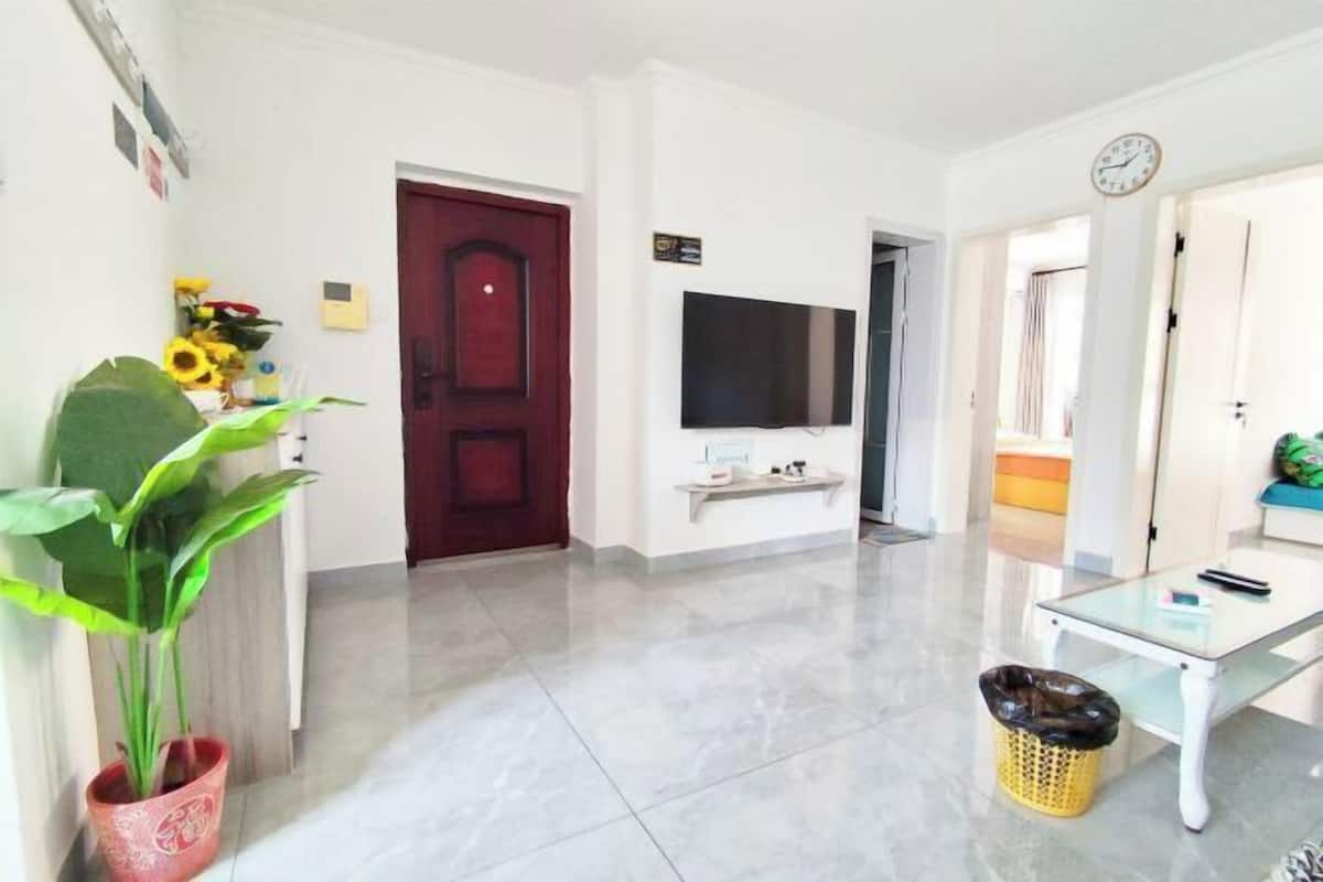 A living room with a TV, a plant, a trash bin, and a door.