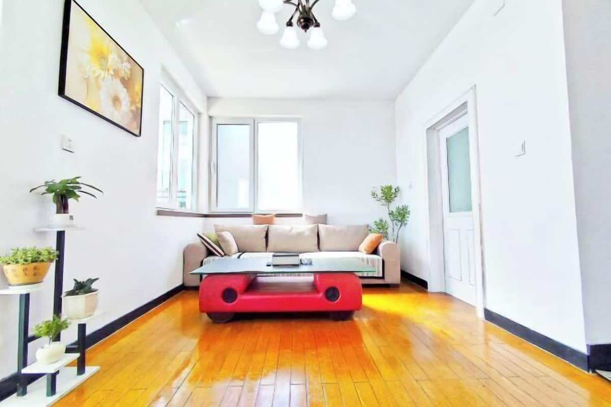 A modern living room with a sofa, a coffee table, and potted plants.