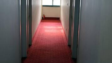 A corridor with a red carpet leading to a door at the end.