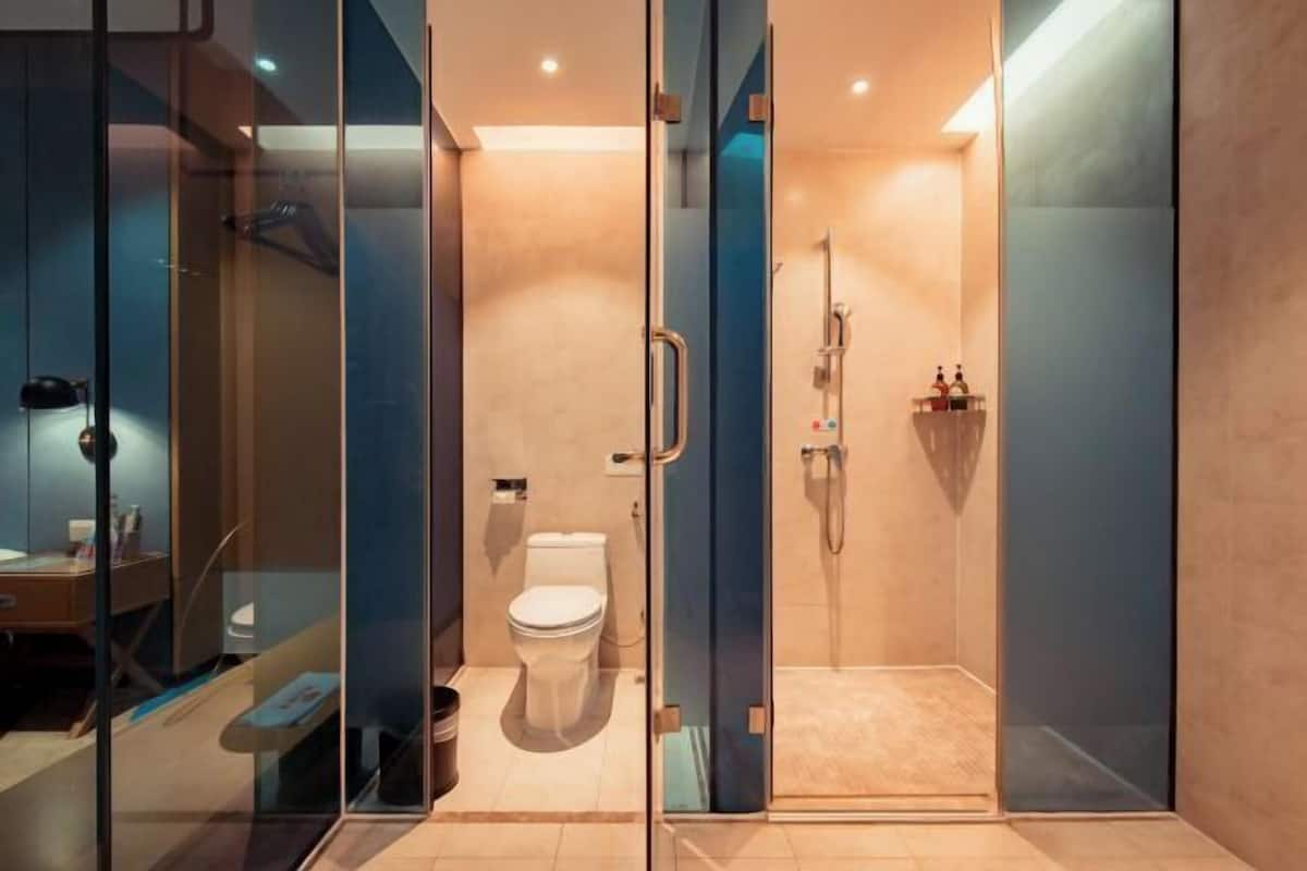 A modern bathroom with a glass-enclosed shower, a toilet, and a sink area.