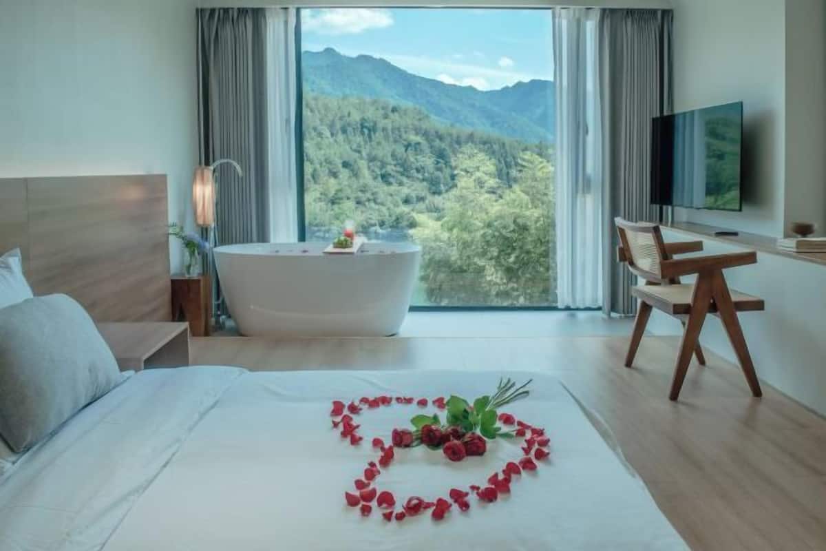 A bedroom with a large bed, a bathtub, a TV, and a view of mountains.