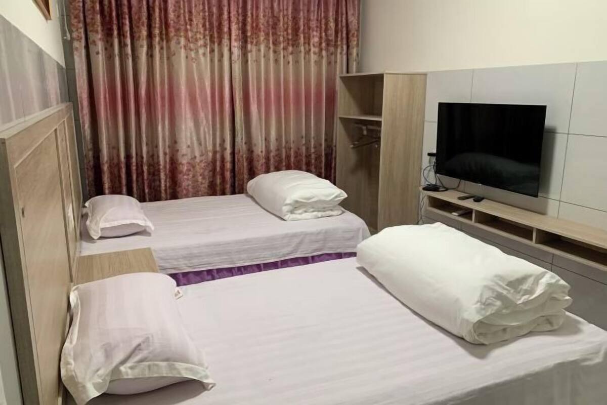 Quarto de hotel com duas camas, televisão e guarda-roupa.
