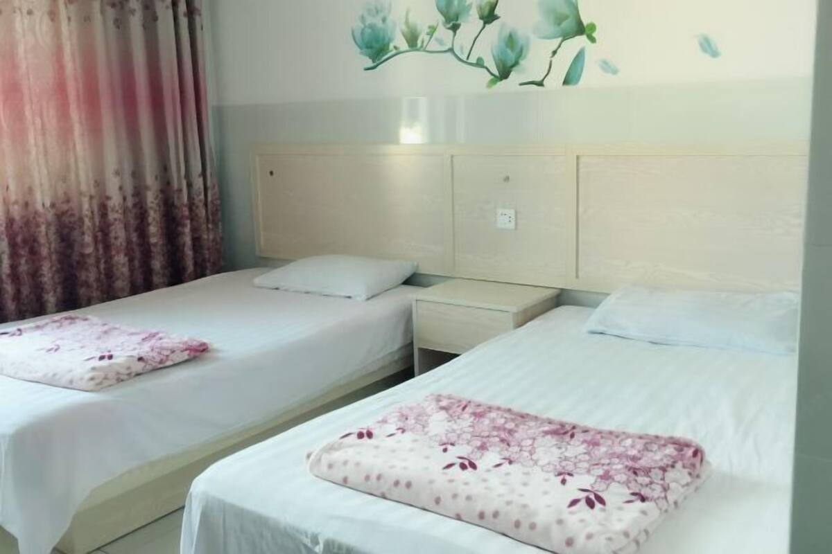 Quarto de hotel com duas camas de solteiro, cada uma com almofadas estampadas com flores.