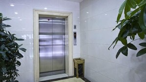 An elevator in a hallway with white walls and a potted plant. - Longdu Business Hotel (Zhaoyuan)