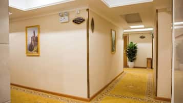 A hallway with patterned carpet, a potted plant, and a framed picture on the wall.
