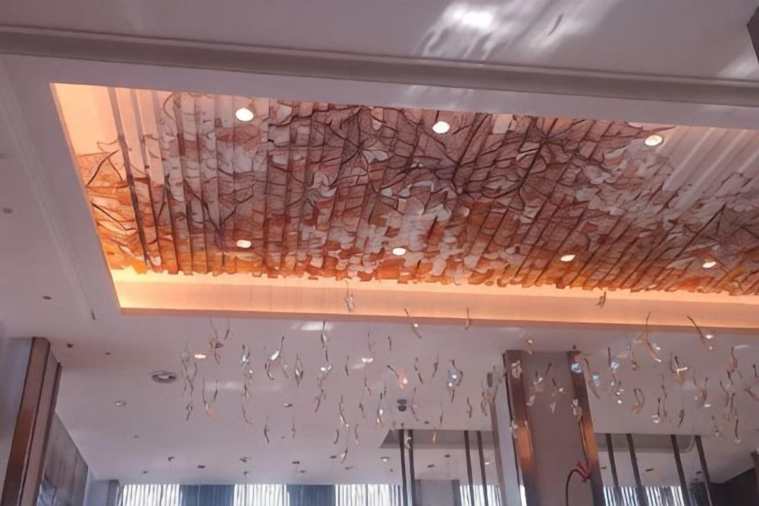 A ceiling with a decorative pattern and hanging elements.