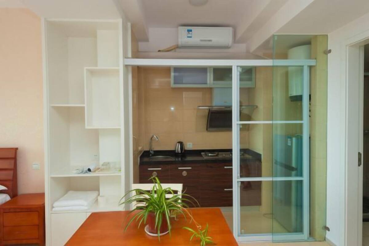 Een compacte kamer met een houten eettafel, een kamerplant en een kitchenette op de achtergrond.