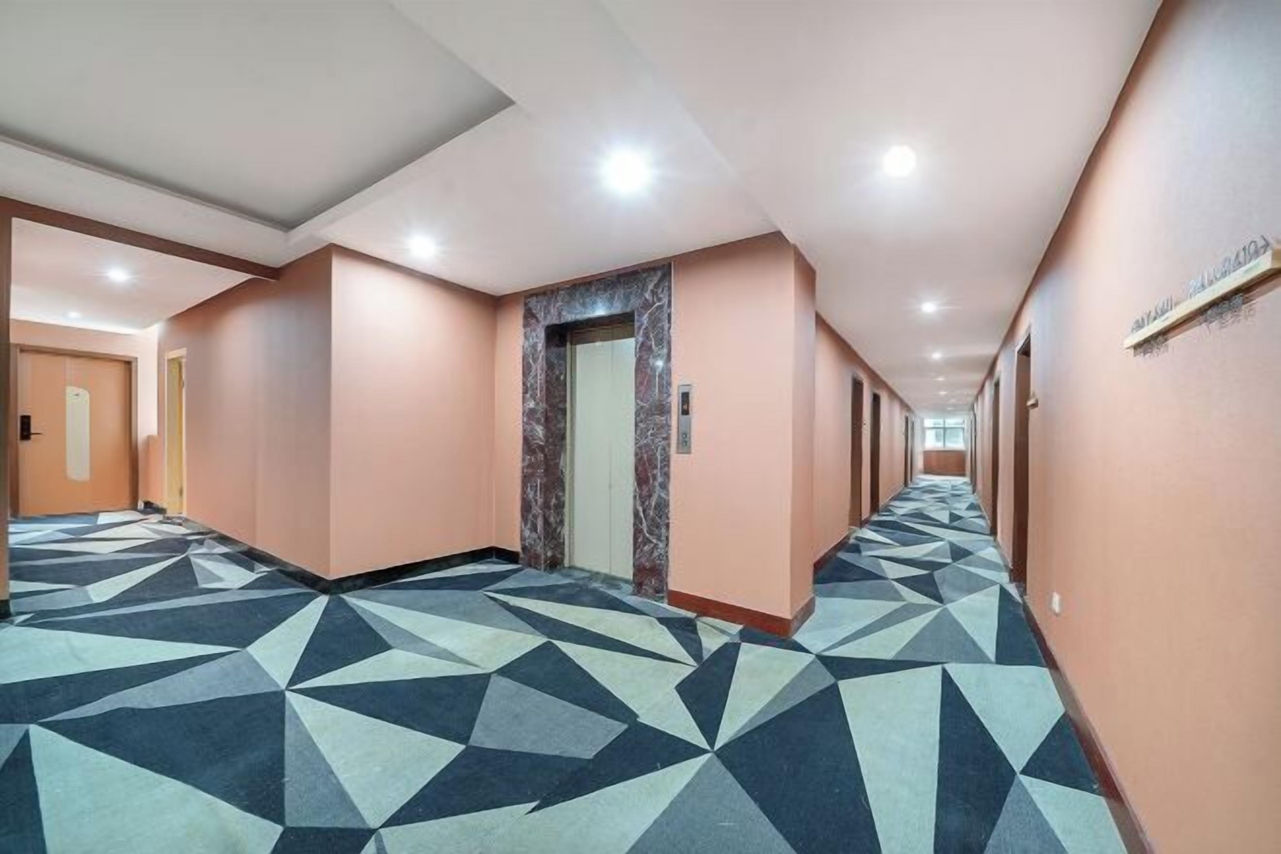 Un pasillo de hotel con alfombra de diseño geométrico, un ascensor de mármol y un cartel en la pared.
