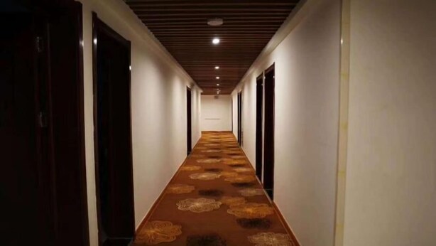 A hallway with a patterned carpet, wooden doors, and a ceiling with recessed lighting. - chunhui (Junan County)