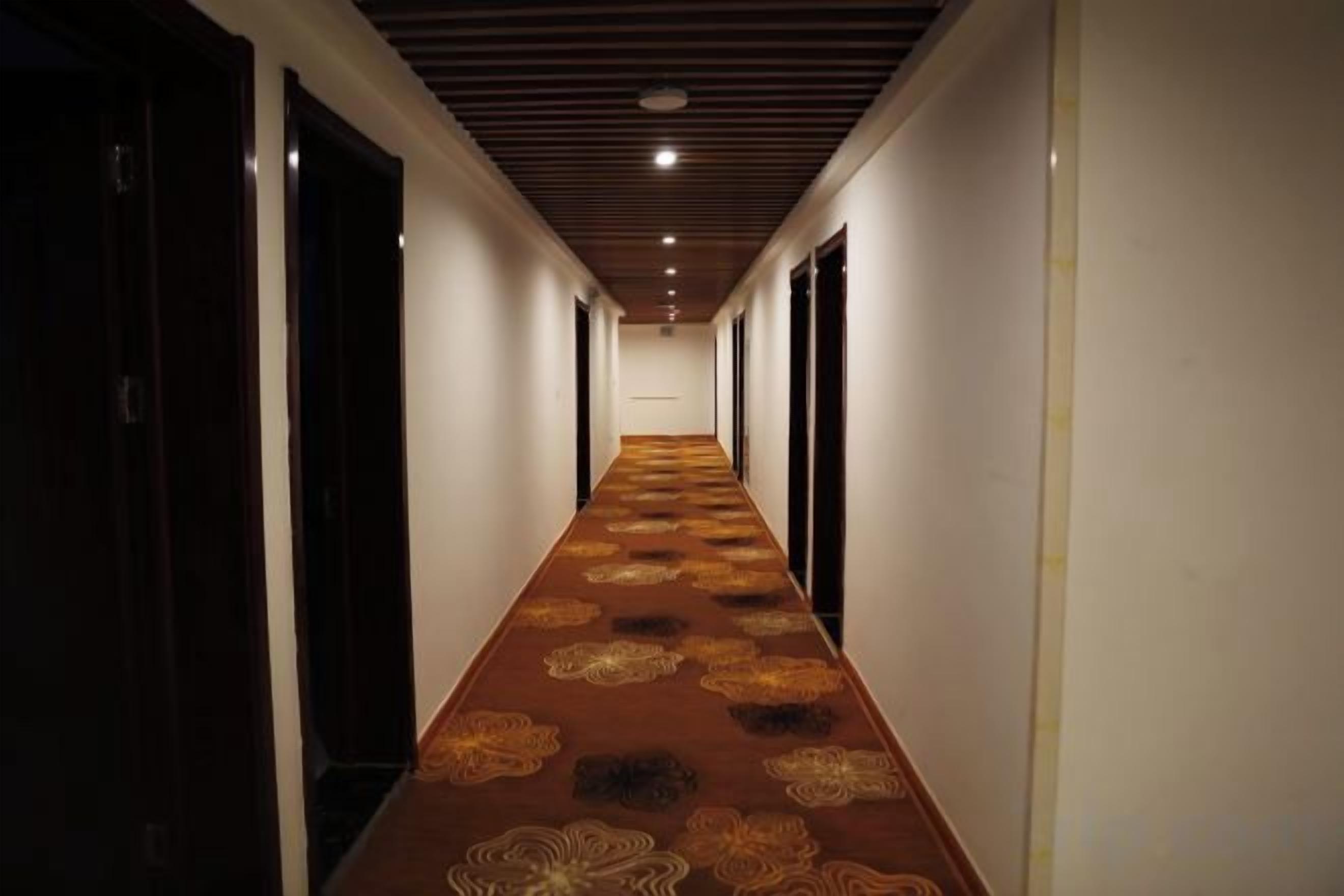 A hotel hallway with a patterned carpet, doors on both sides, and a ceiling with recessed lighting.
