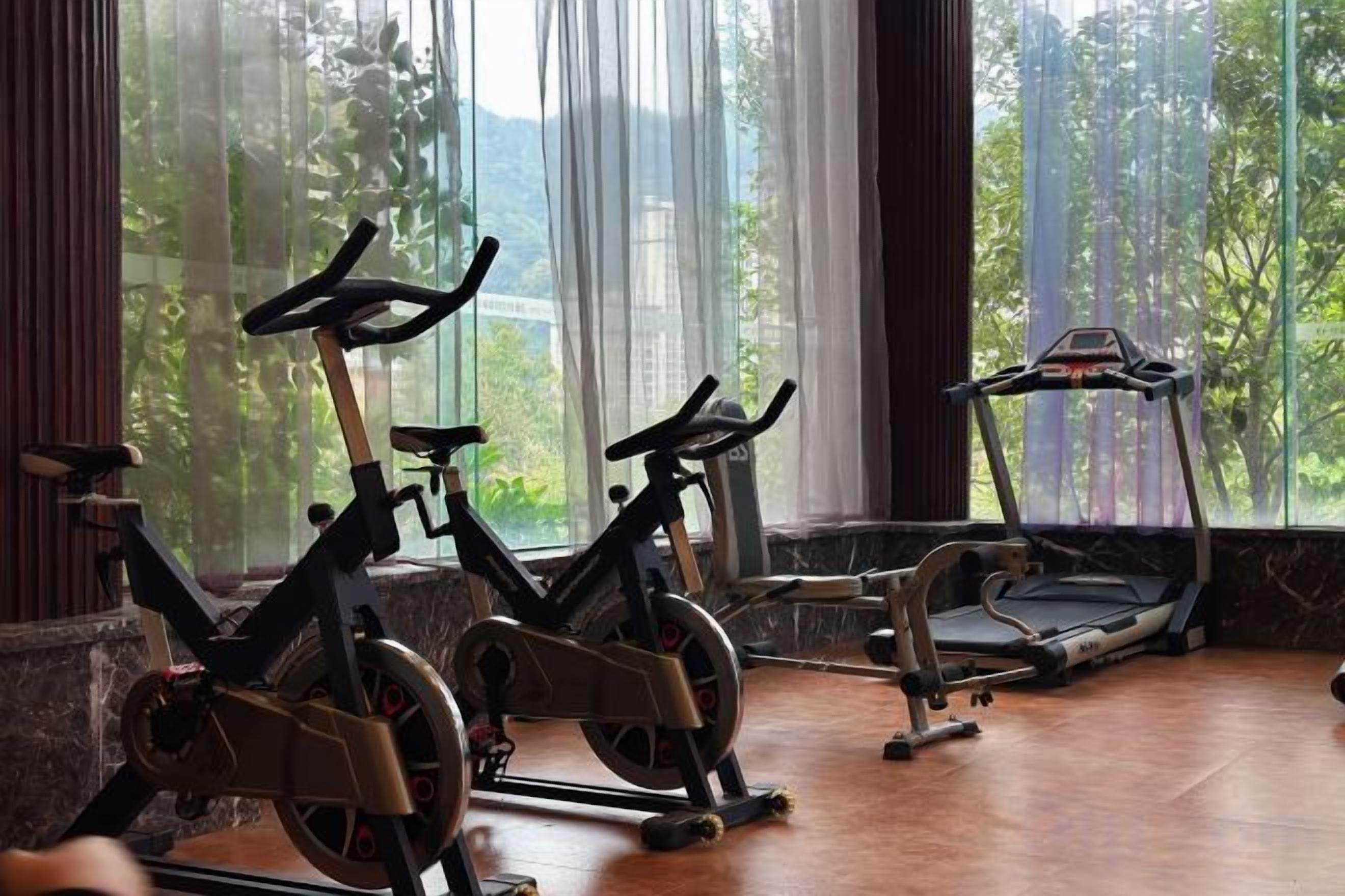 A gym with stationary bikes and a treadmill, large windows with a view of greenery.