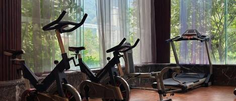 A gym with stationary bikes and a treadmill, large windows with a view of greenery.