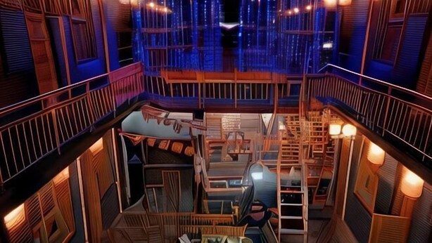 Ein mehrgeschossiges Interieur mit einer zentralen Treppe, Holzwertungen und einer Sitzecke.