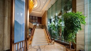 A modern hotel lobby with a marble staircase, glass walls, and potted plants. - Long Yang International Hotel (Hanshou)
