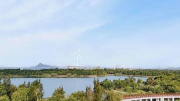A lake with wind turbines in the background and a bridge in the foreground.
