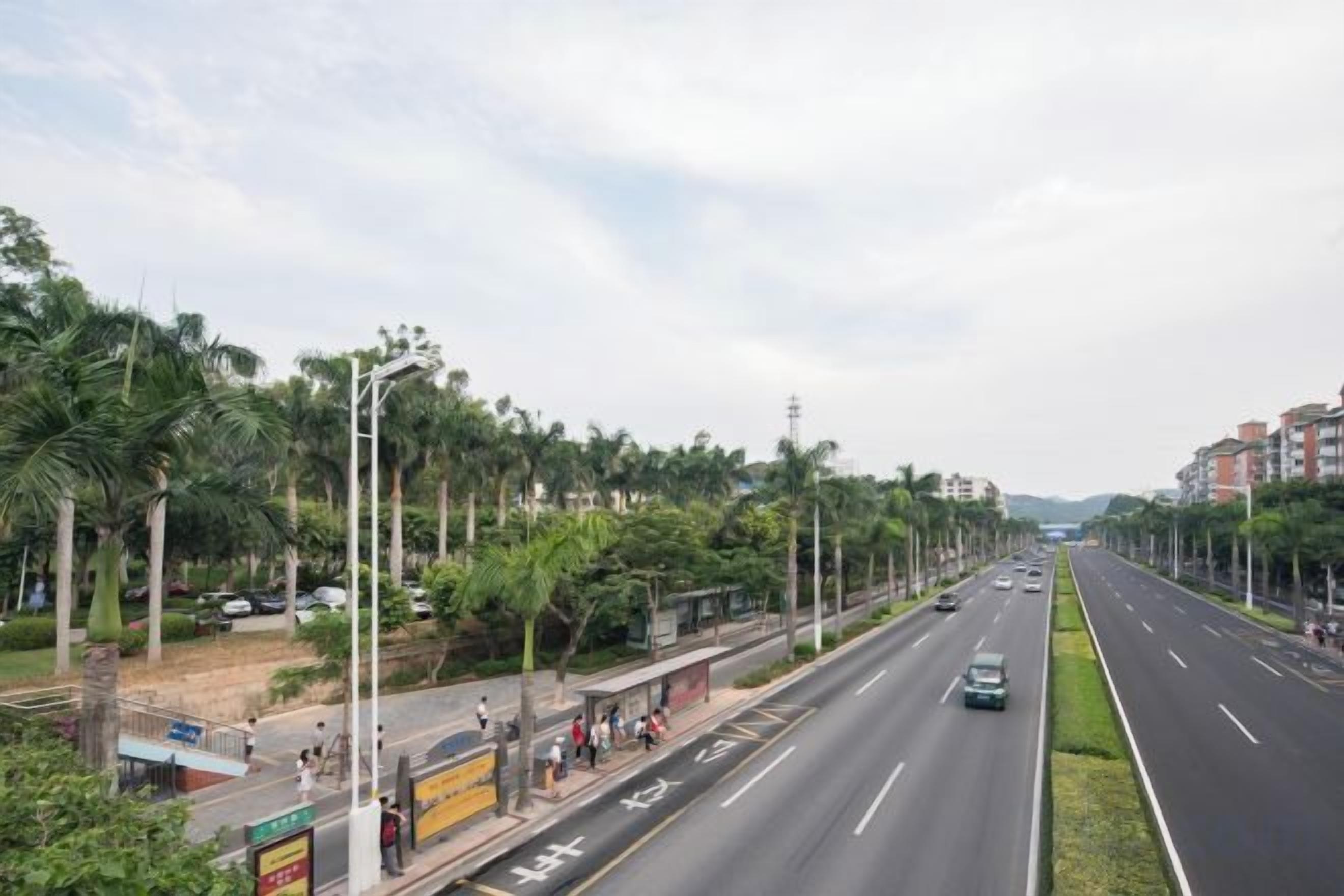A wide road with a sidewalk on one side, lined with trees and buildings.