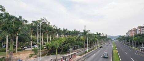 A wide road with a sidewalk on one side, lined with trees and buildings.
