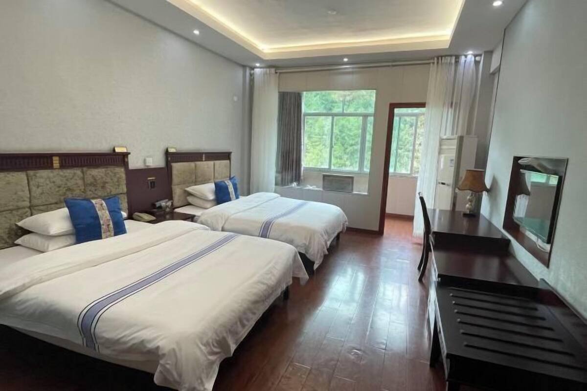 Habitació d'hotel amb dos llits, una televisió, un escriptori i una finestra amb vista a vegetació.