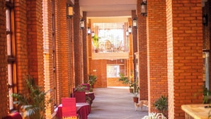 A brick-walled corridor with tables and chairs, potted plants, and a dog walking through. - Jungle Adventure World Hotel Pvt. Ltd (Sauraha)