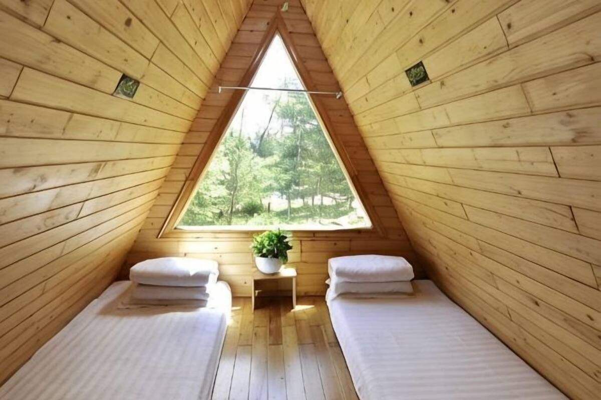 Una cabaña de madera con un ventanal triangular, dos camas y una pequeña mesa con una planta.