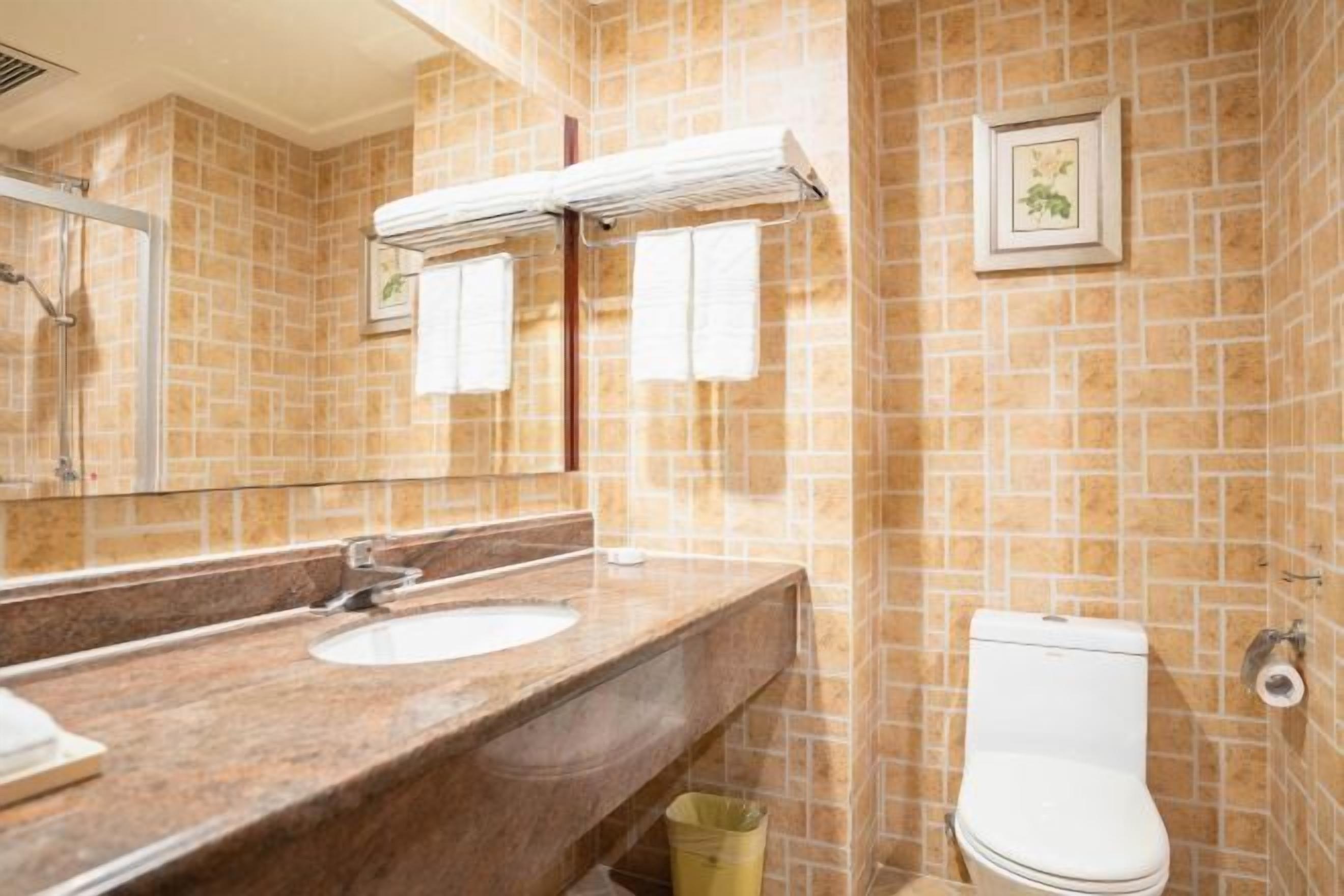 Un baño con lavamanos de mármol, un espejo, toallero y un inodoro.